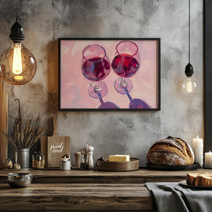 A vibrant oil painting capturing the beauty of two glasses of red wine. The artist uses expressive … for kitchen