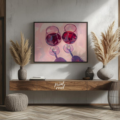 A vibrant oil painting capturing the beauty of two glasses of red wine. The artist uses expressive … for living room