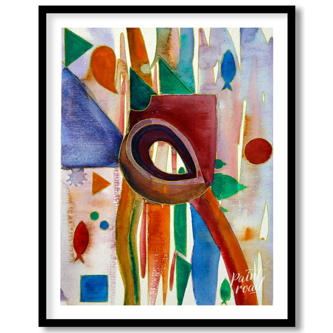 This abstract painting features a whimsical array of shapes and colors, evoking a sense of underwat… for abode
