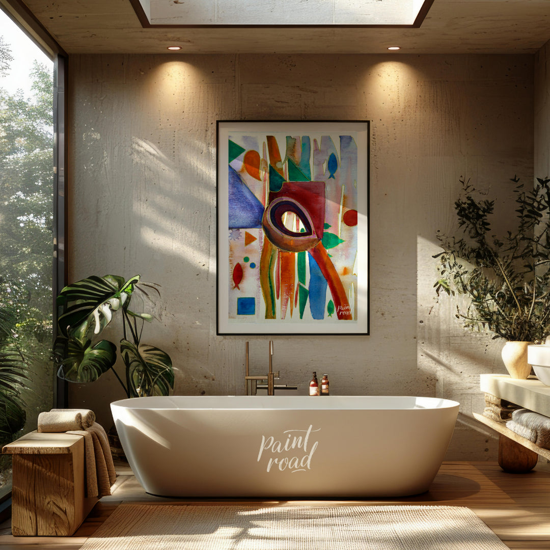 This abstract painting features a whimsical array of shapes and colors, evoking a sense of underwat… for bathroom