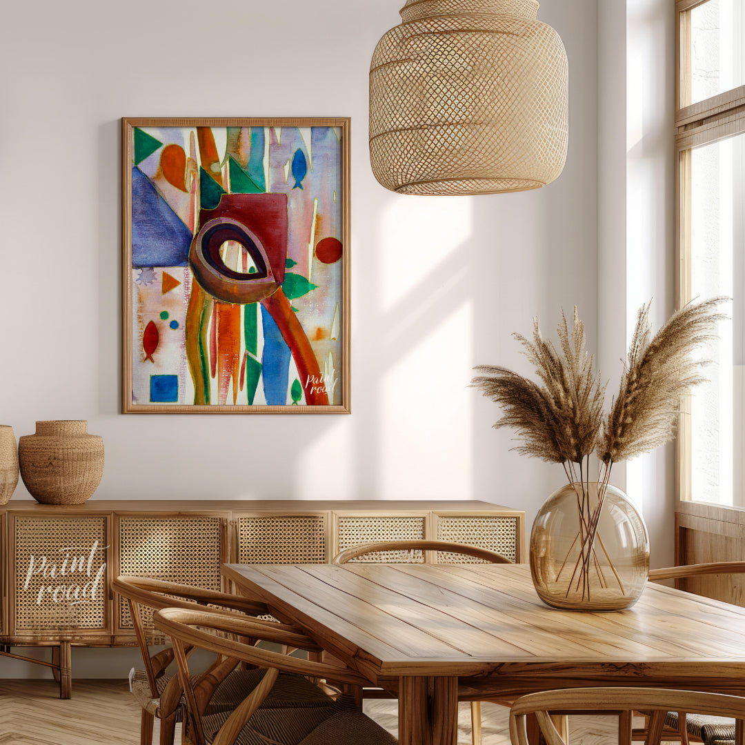 This abstract painting features a whimsical array of shapes and colors, evoking a sense of underwat… for dining room