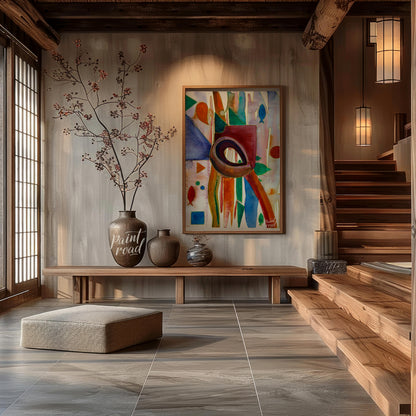 This abstract painting features a whimsical array of shapes and colors, evoking a sense of underwat… for entryway