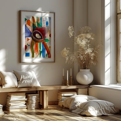 This abstract painting features a whimsical array of shapes and colors, evoking a sense of underwat… for living room