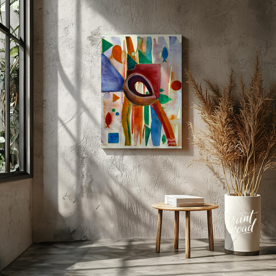 This abstract painting features a whimsical array of shapes and colors, evoking a sense of underwat… for living room