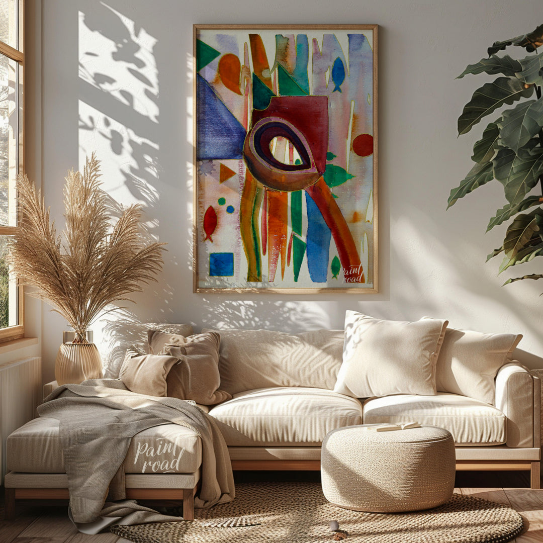 This abstract painting features a whimsical array of shapes and colors, evoking a sense of underwat… for living room