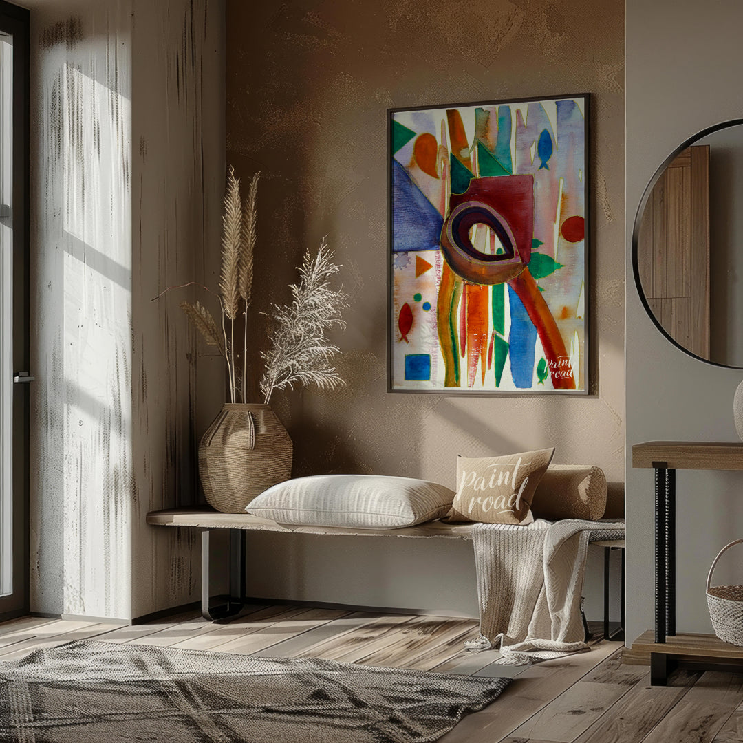 This abstract painting features a whimsical array of shapes and colors, evoking a sense of underwat… for living room