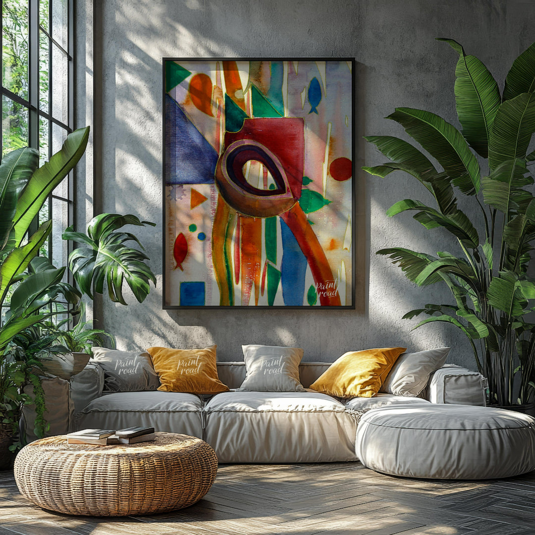 This abstract painting features a whimsical array of shapes and colors, evoking a sense of underwat… for living room