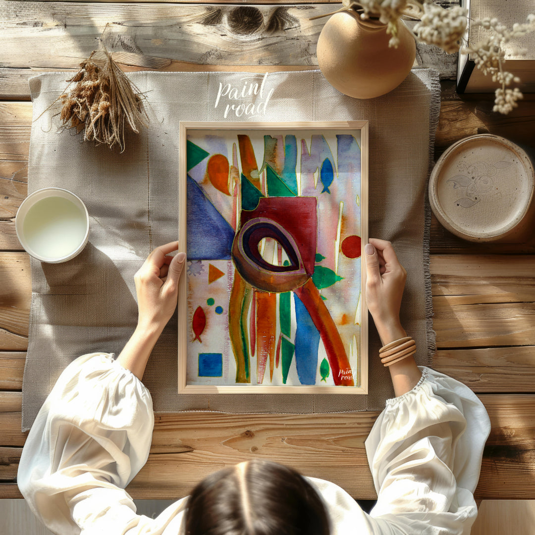 This abstract painting features a whimsical array of shapes and colors, evoking a sense of underwat… for other