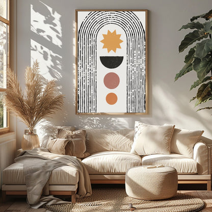 This captivating artwork features a minimalist arch and geometric sunburst design, ideal for modern for Sitting Area