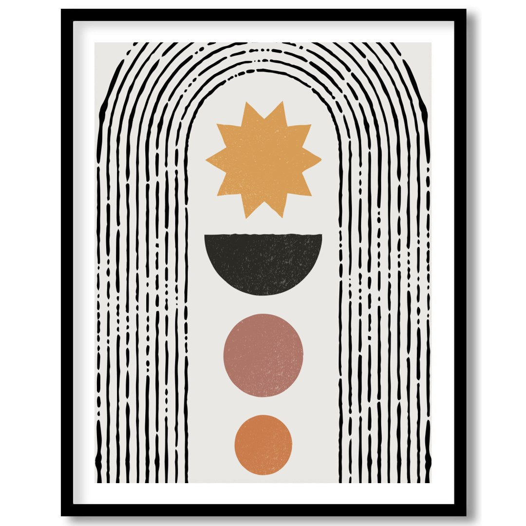 This captivating artwork features a minimalist arch and geometric sunburst design, ideal for modern for studio