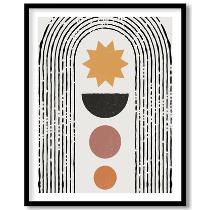 This captivating artwork features a minimalist arch and geometric sunburst design, ideal for modern for studio
