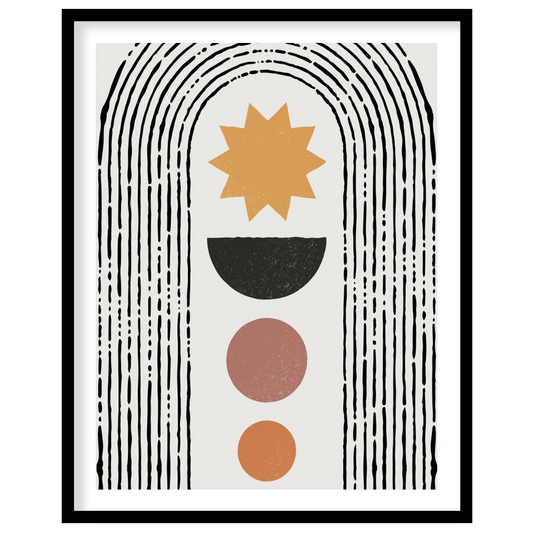 This captivating artwork features a minimalist arch and geometric sunburst design, ideal for modern for studio