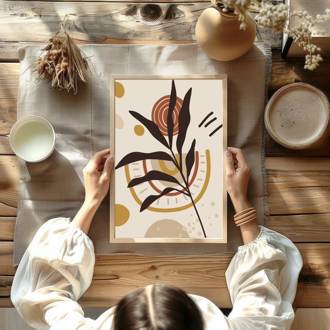 Elevate your space with this minimalist abstract artwork featuring serene earth tones and botanical for Kitchen