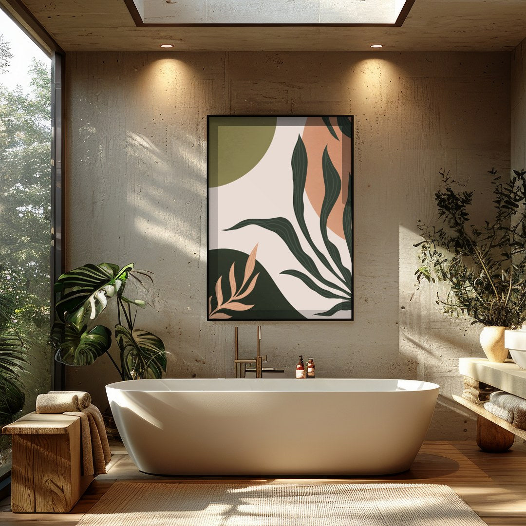 Immerse yourself in the serene beauty of this abstract wall art piece. Featuring graceful botanical for Bathroom