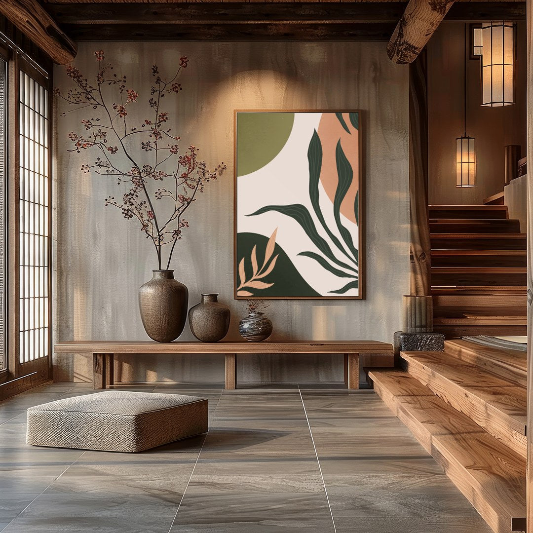 Immerse yourself in the serene beauty of this abstract wall art piece. Featuring graceful botanical for Hall