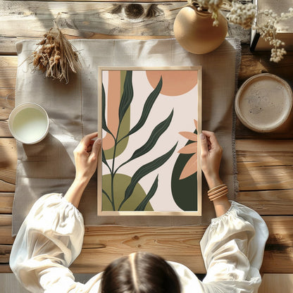 Elevate your space with this chic abstract botanical artwork. The fluid forms and natural tones for Kitchen