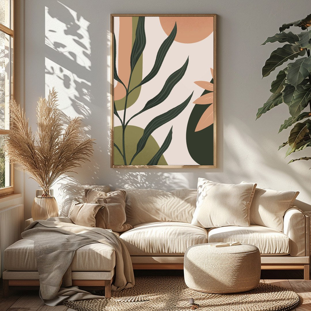 Elevate your space with this chic abstract botanical artwork. The fluid forms and natural tones for Sitting Area
