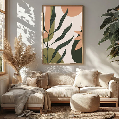 Elevate your space with this chic abstract botanical artwork. The fluid forms and natural tones for Sitting Area