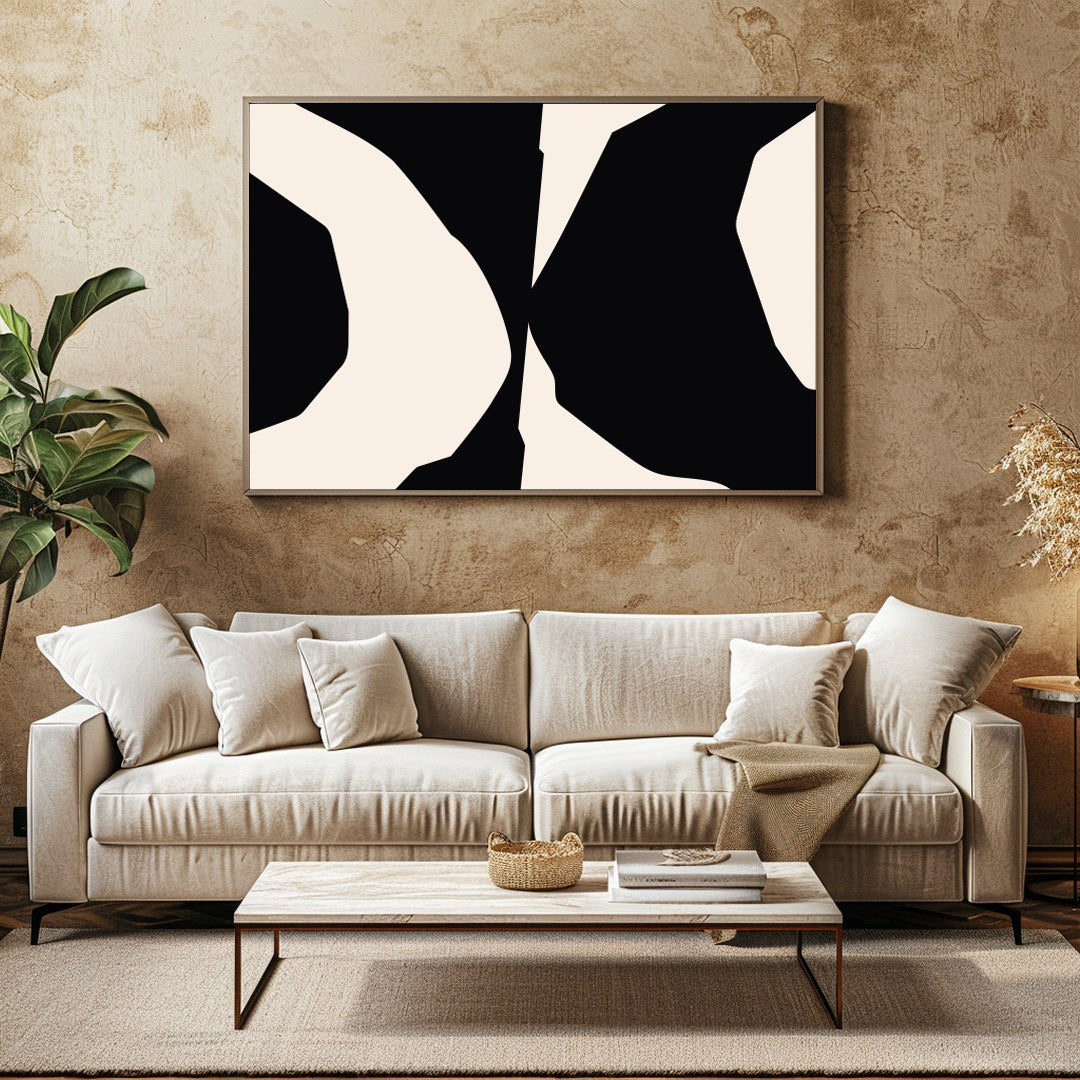 Explore the bold elegance of 'Abstract Contrast Symphony,' a striking piece that captivates with for Family Room