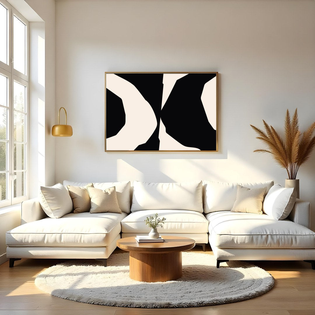 Explore the bold elegance of 'Abstract Contrast Symphony,' a striking piece that captivates with for Living Room