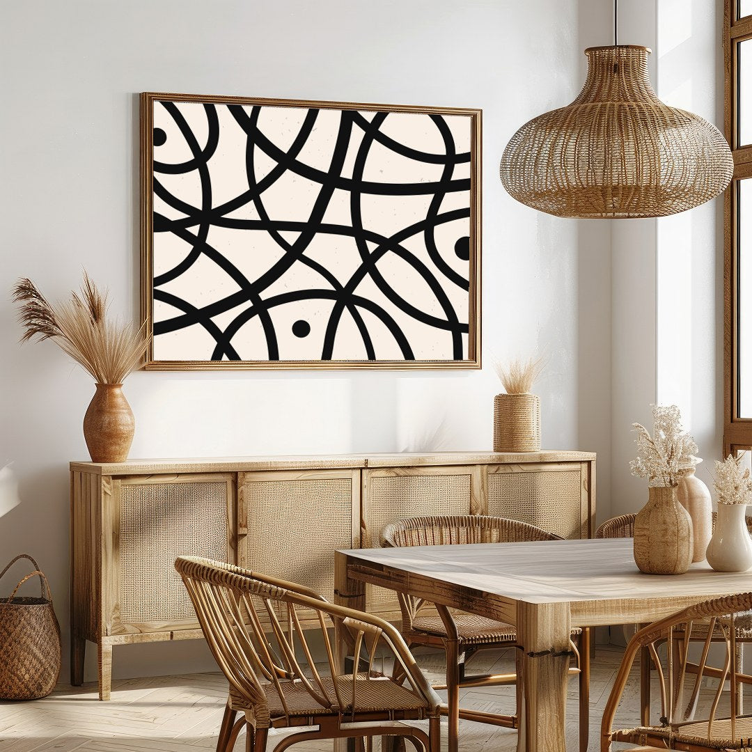 Elevate your space with this striking abstract wall art, featuring bold black curves and circles on for Dining