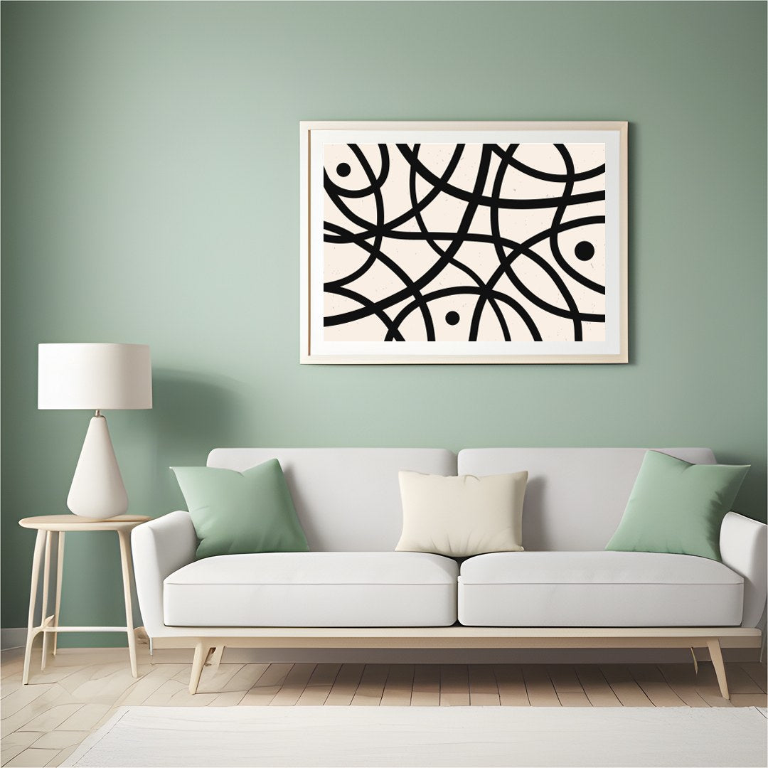 Elevate your space with this striking abstract wall art, featuring bold black curves and circles on for Hall