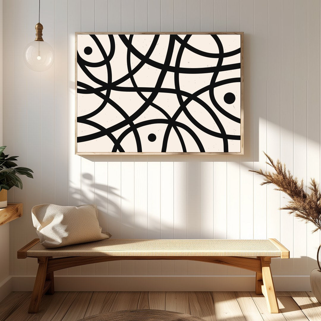 Elevate your space with this striking abstract wall art, featuring bold black curves and circles on for Hallway