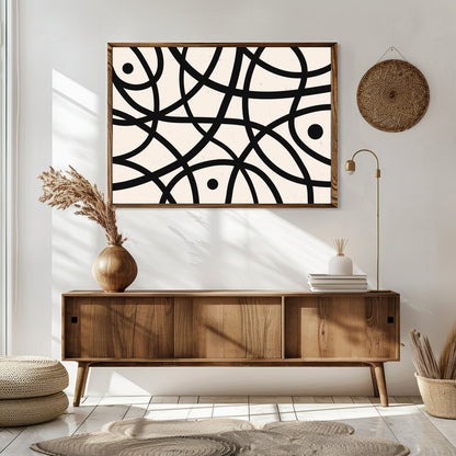 Elevate your space with this striking abstract wall art, featuring bold black curves and circles on for Sitting Area