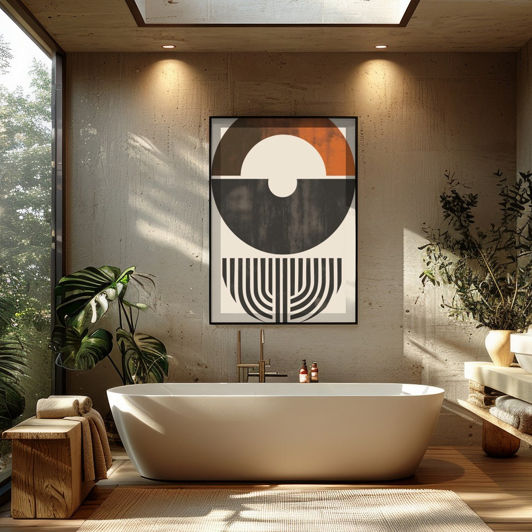 This striking piece of abstract art features a harmonious blend of shapes and earthy tones. The for Bathroom