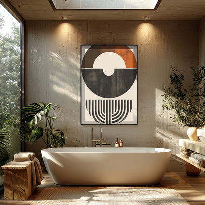 This striking piece of abstract art features a harmonious blend of shapes and earthy tones. The for Bathroom