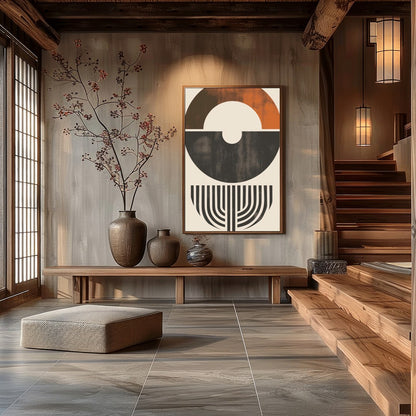 This striking piece of abstract art features a harmonious blend of shapes and earthy tones. The for Hall
