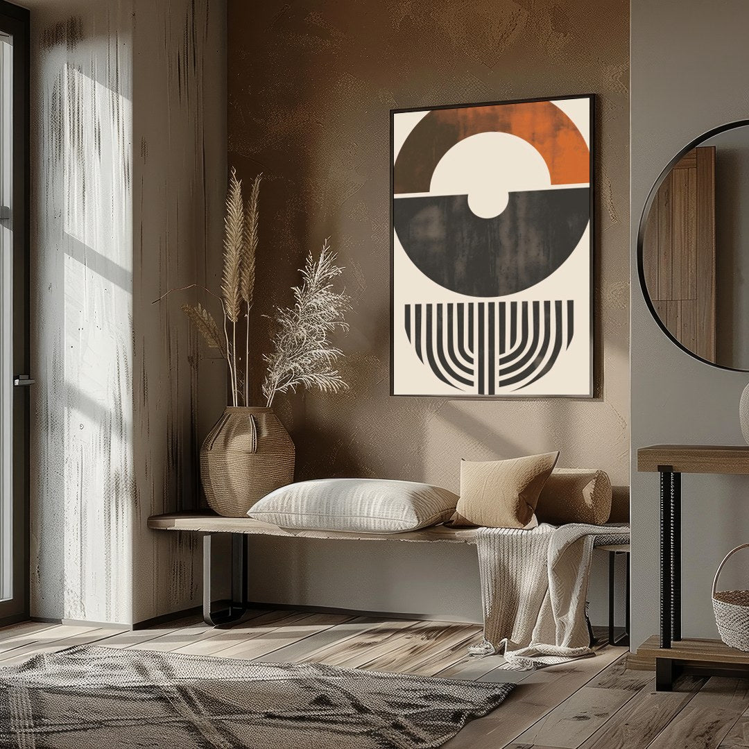 This striking piece of abstract art features a harmonious blend of shapes and earthy tones. The for house