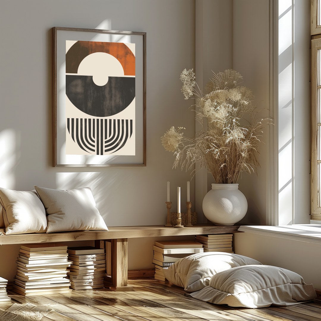 This striking piece of abstract art features a harmonious blend of shapes and earthy tones. The for residence