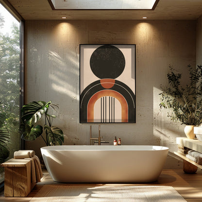 This captivating piece of wall art showcases a bold geometric design with earthy tones, offering a for Bathroom