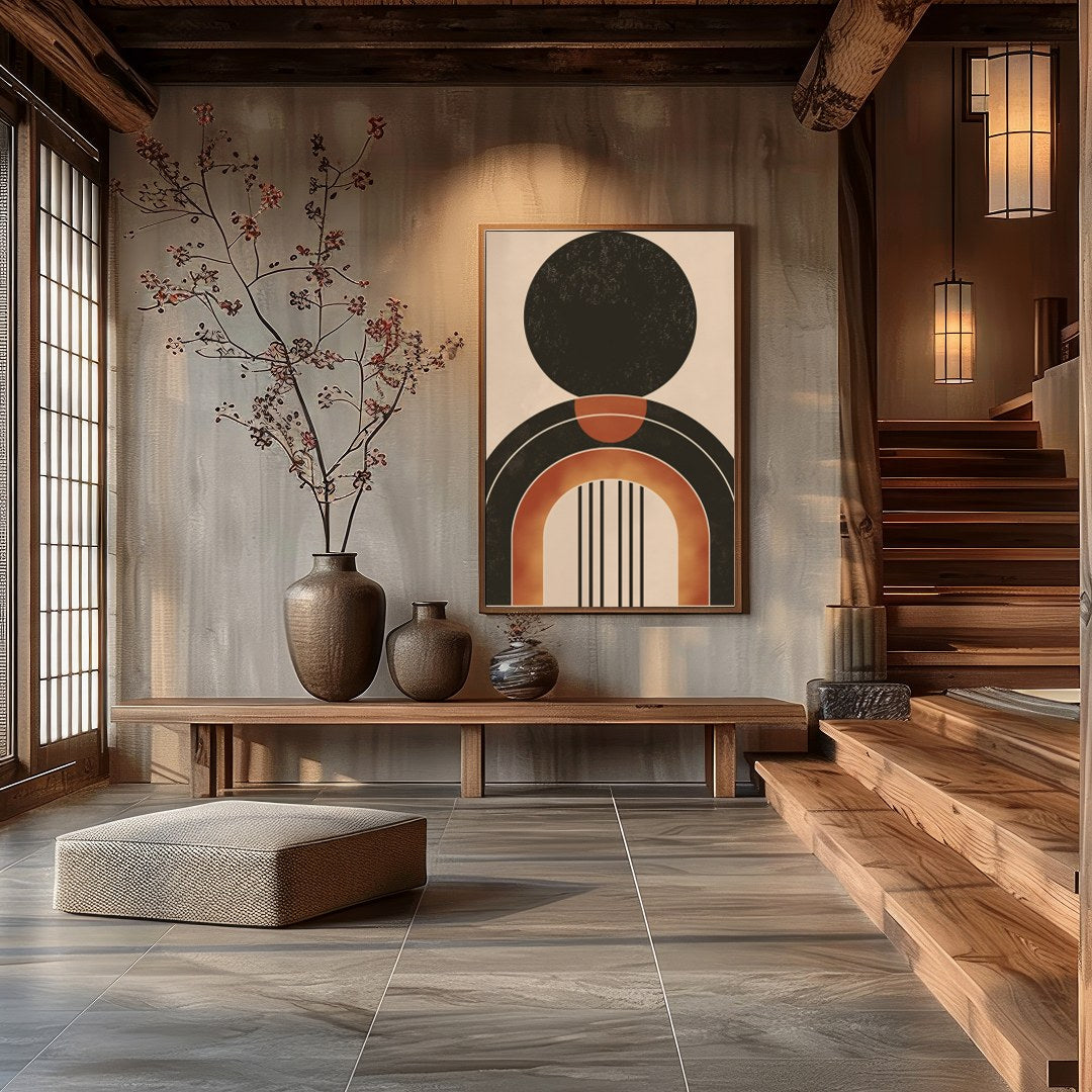 This captivating piece of wall art showcases a bold geometric design with earthy tones, offering a for Hall