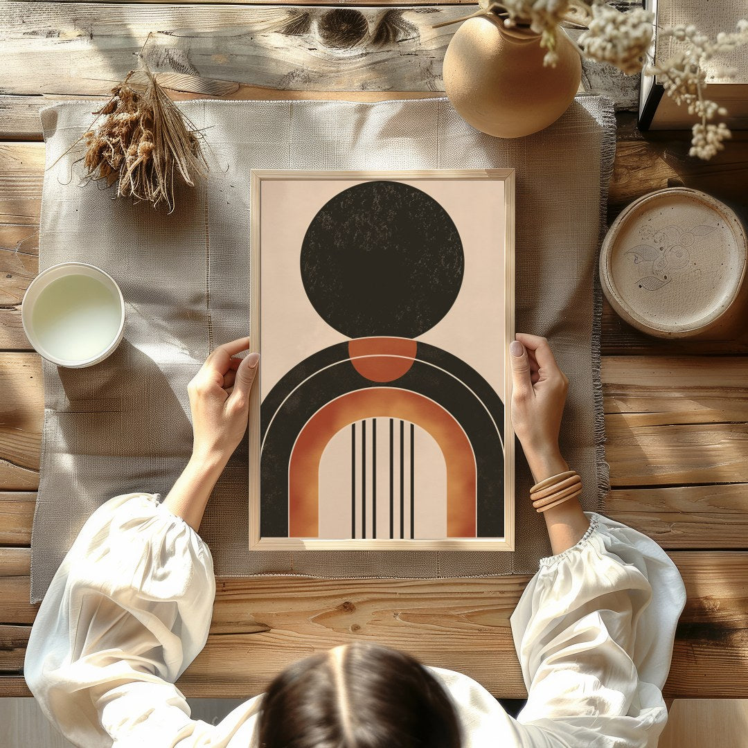 This captivating piece of wall art showcases a bold geometric design with earthy tones, offering a for Kitchen