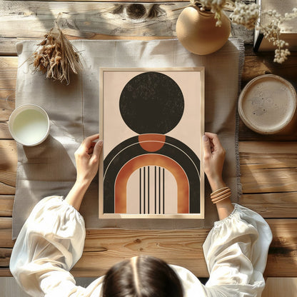 This captivating piece of wall art showcases a bold geometric design with earthy tones, offering a for Kitchen