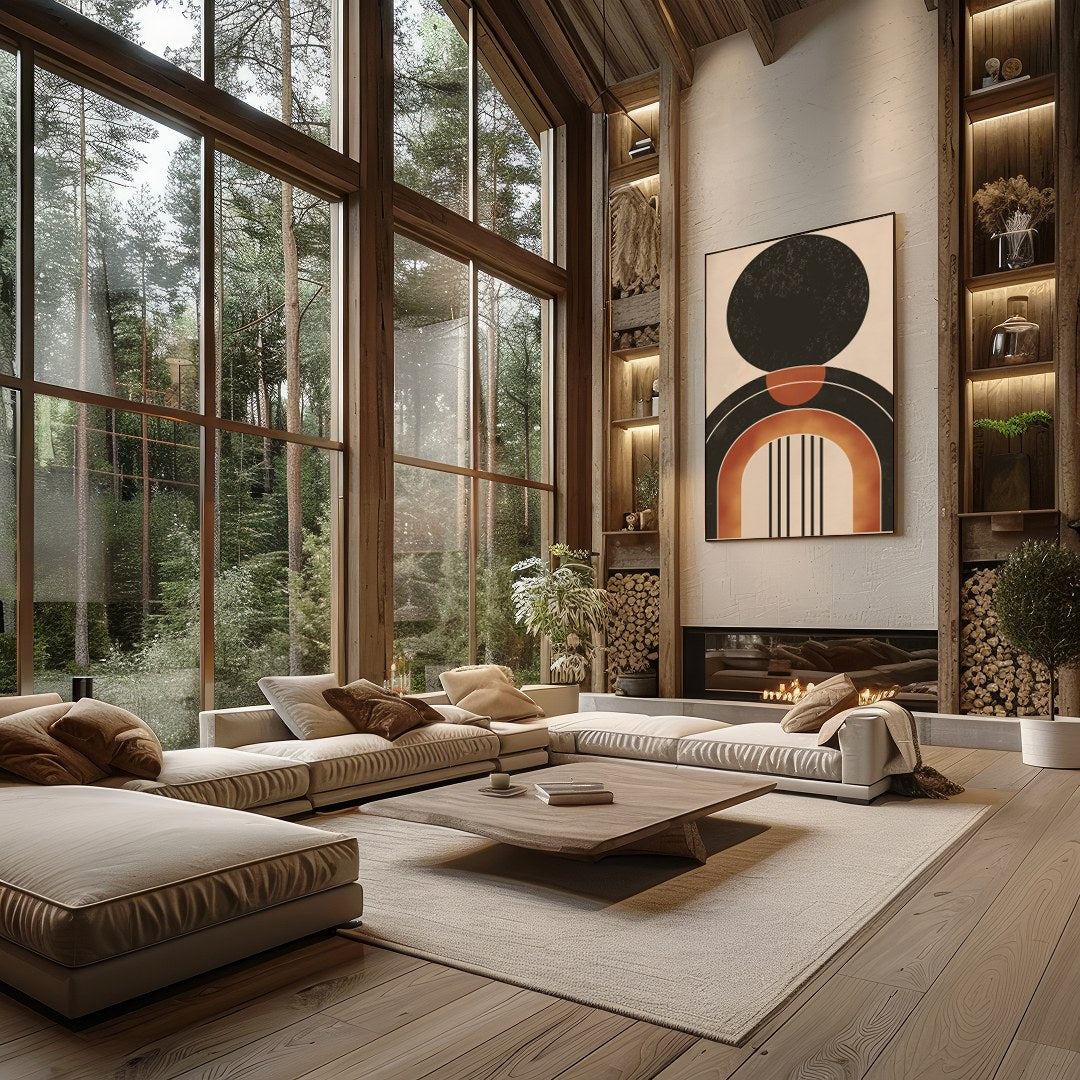 This captivating piece of wall art showcases a bold geometric design with earthy tones, offering a for Living Room