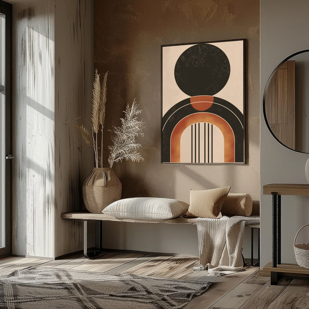 This captivating piece of wall art showcases a bold geometric design with earthy tones, offering a for place