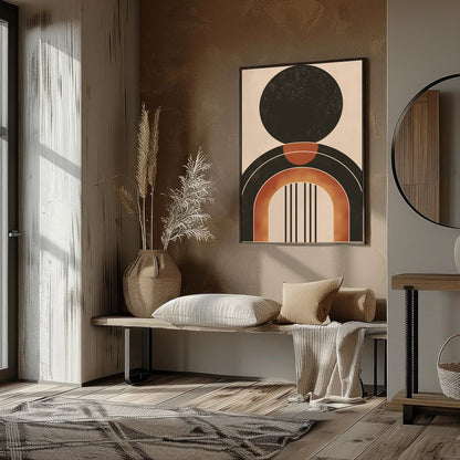 This captivating piece of wall art showcases a bold geometric design with earthy tones, offering a for place