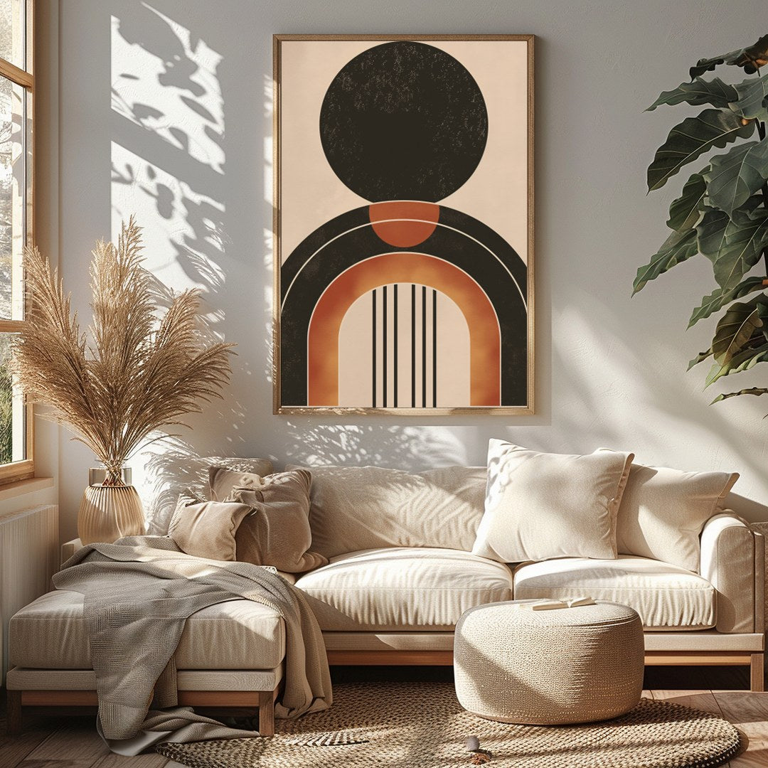 This captivating piece of wall art showcases a bold geometric design with earthy tones, offering a for Sitting Area