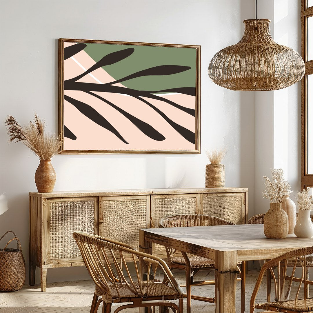 This captivating piece of abstract art blends warm earthy tones with vibrant shapes, evoking a for Dining