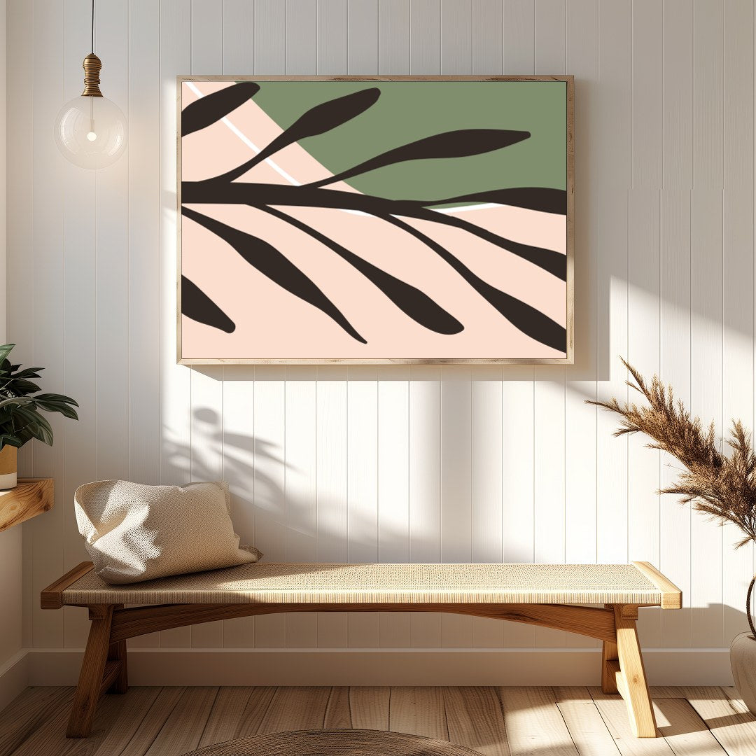 This captivating piece of abstract art blends warm earthy tones with vibrant shapes, evoking a for gallery