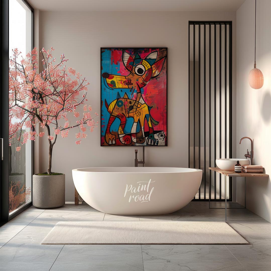 This highly expressive and abstract painting features two stylized dog figures rendered with a raw,… for bathroom