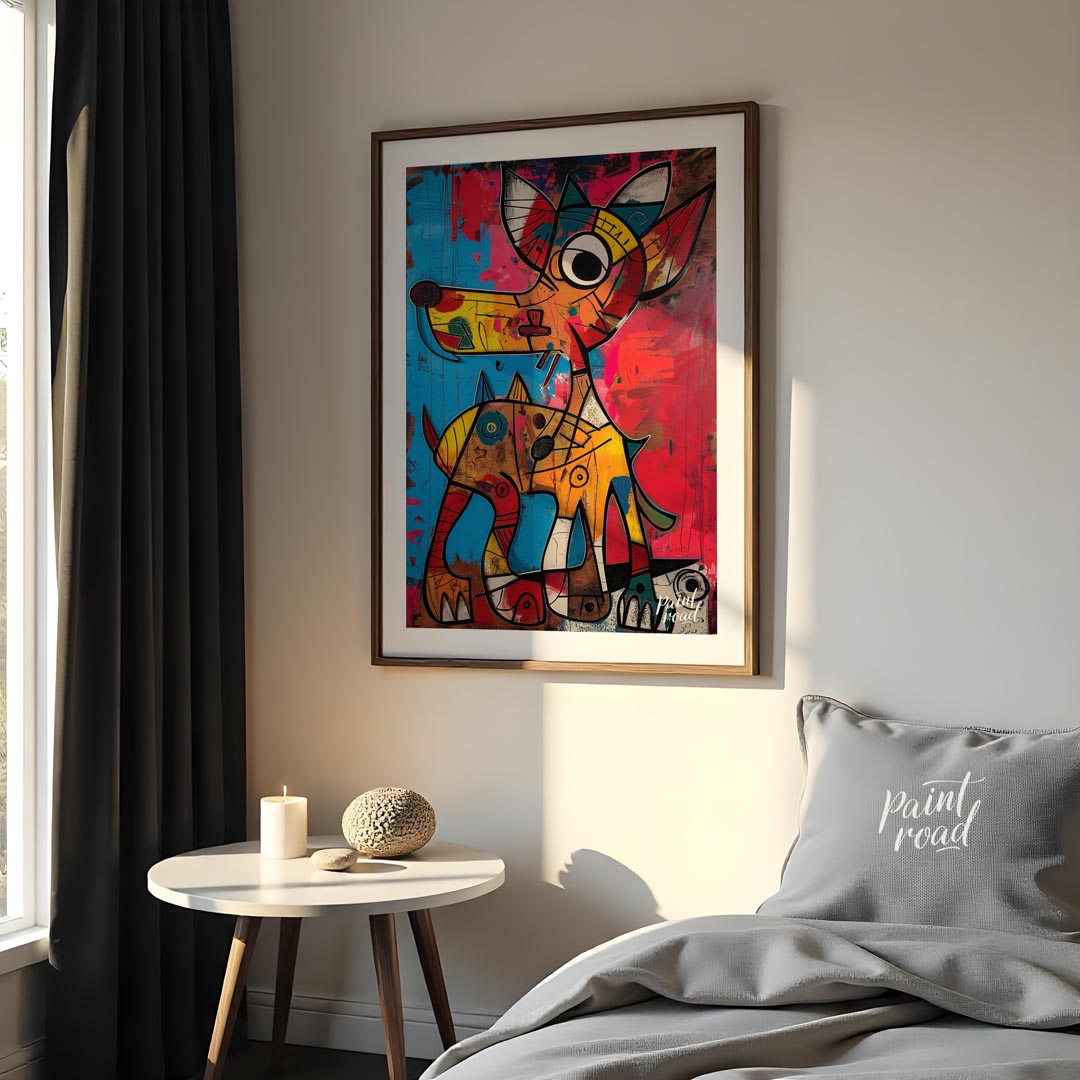 This highly expressive and abstract painting features two stylized dog figures rendered with a raw,… for bedroom