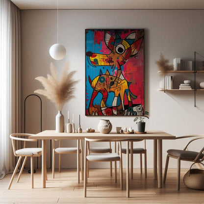 This highly expressive and abstract painting features two stylized dog figures rendered with a raw,… for dining room