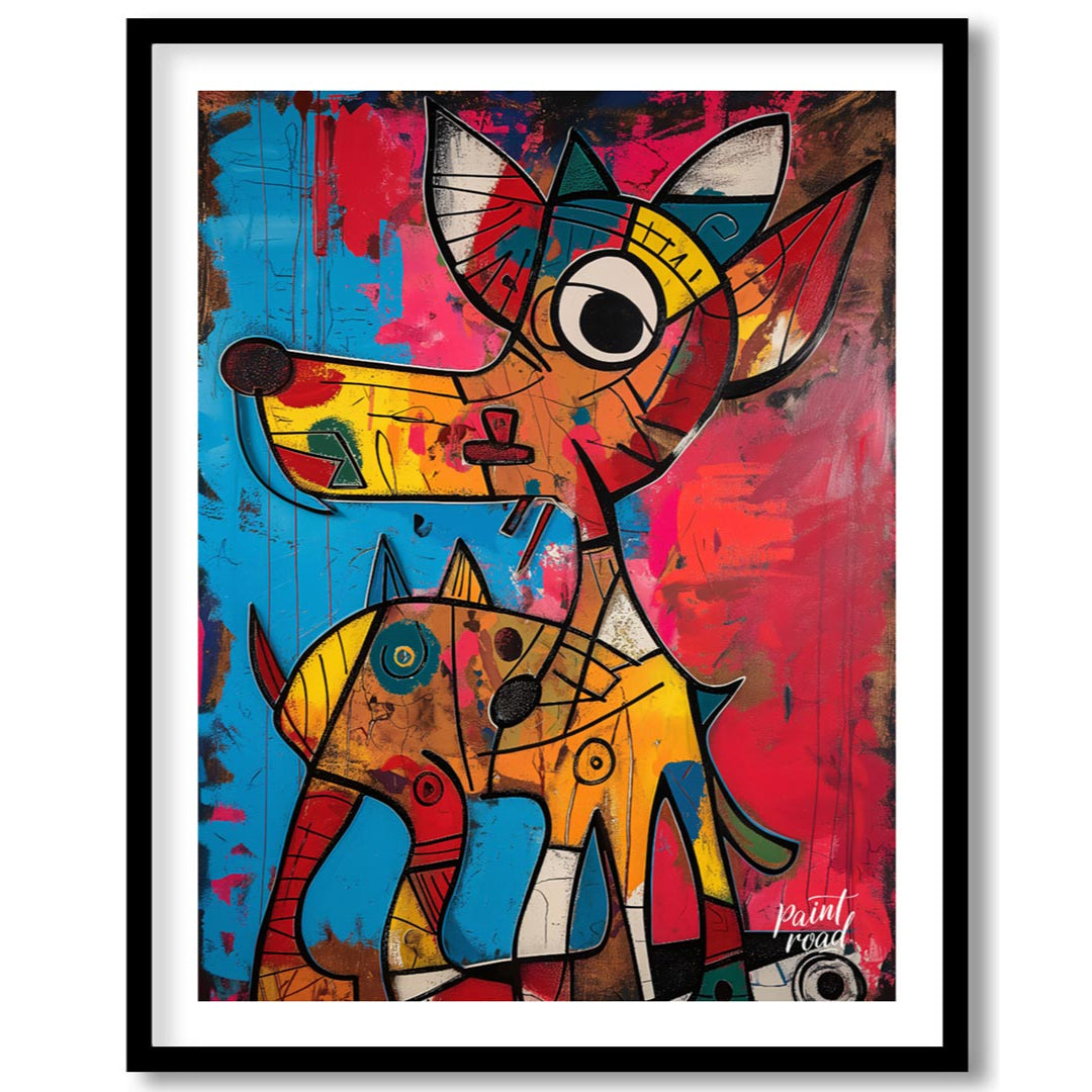 This highly expressive and abstract painting features two stylized dog figures rendered with a raw,… for home