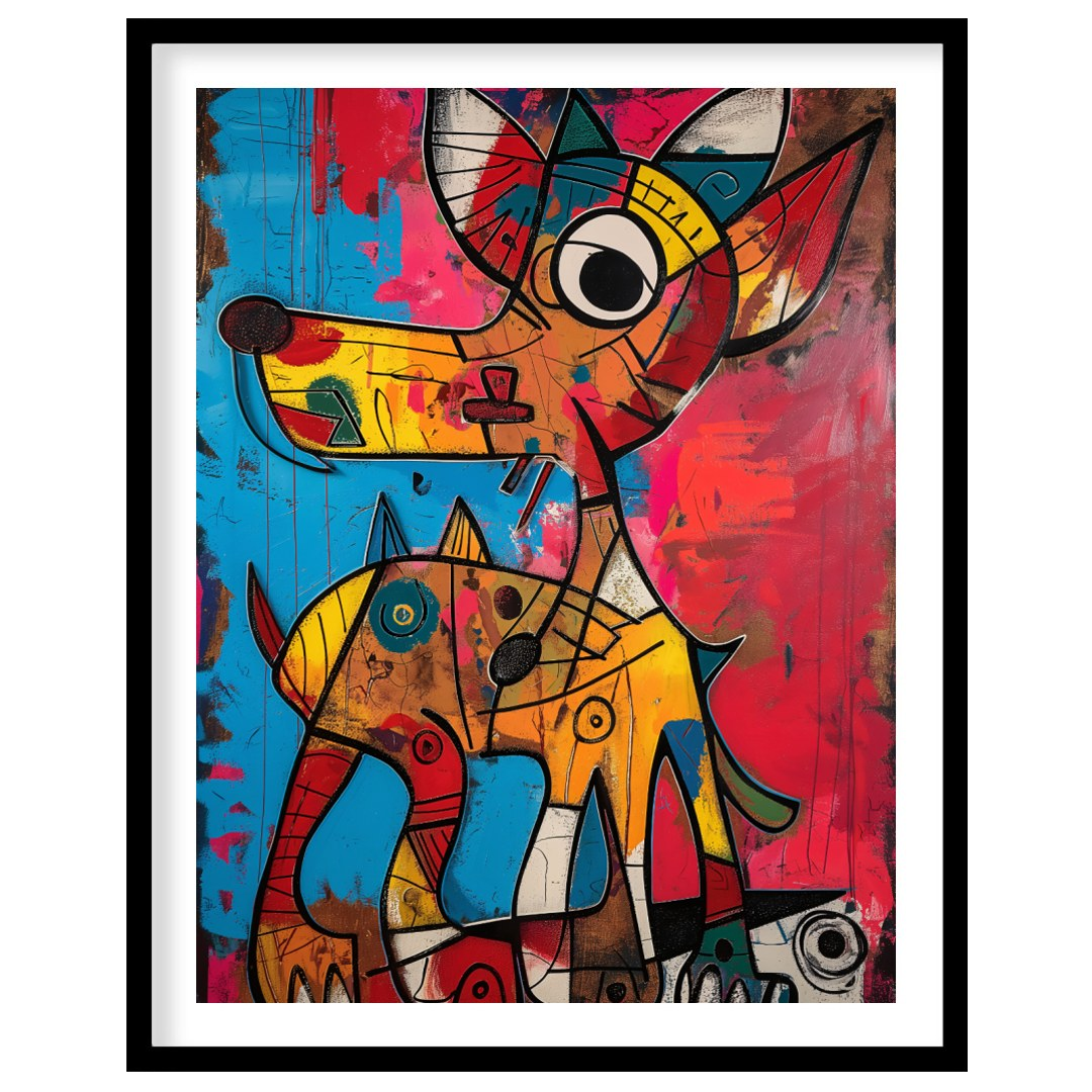 This highly expressive and abstract painting features two stylized dog figures rendered with a raw,… for home