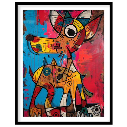 This highly expressive and abstract painting features two stylized dog figures rendered with a raw,… for home