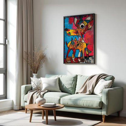 This highly expressive and abstract painting features two stylized dog figures rendered with a raw,… for living room